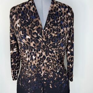 Liz Claiborne Blouse Womens Petite Large Leopard V Neck Long Sleeve Tunic Top